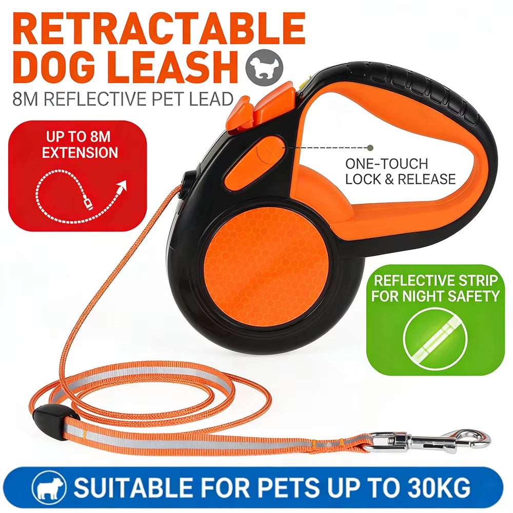 8M Retractable Dog Lead Heavy Duty Pet Walking Leash with Strong Reflective Tape Non-Slip Handle for Small Medium Large Dogs
