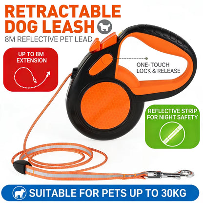8M Retractable Dog Lead Heavy Duty Pet Walking Leash with Strong Reflective Tape Non-Slip Handle for Small Medium Large Dogs