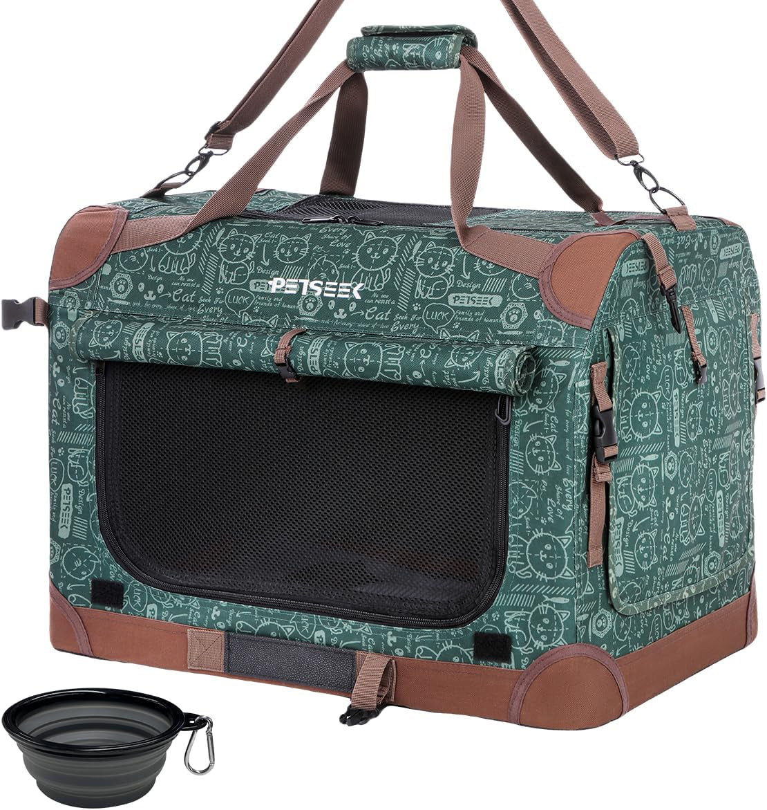 Extra Large Cat Carrier Soft Sided, Portable Small Dog Carrier for 2 Cats, 24"X16.5"X16" Car Travel Folding Comfortable Design, Green