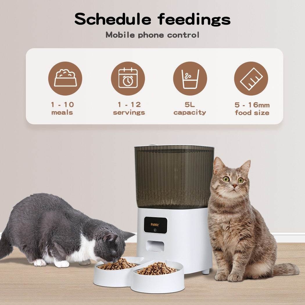 Pawz 5L Automatic Pet Feeder with Dual Bowls for Dogs and Cats - Smart Food Dispenser with Timer