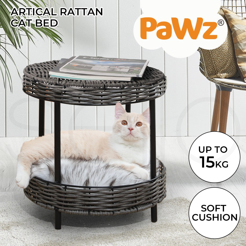 Pawz Elevated Rattan Pet Bed - Stylish Wicker Basket Kennel for Cats and Dogs