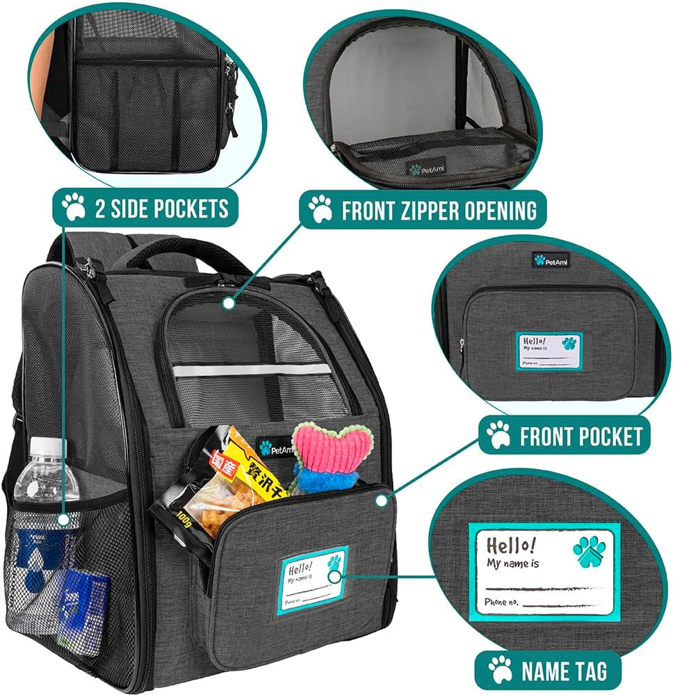 Deluxe Ventilated Pet Carrier Backpack for Small Cats and Dogs - Two-Sided Entry, Safety Features, and Cushioned Back Support for Travel and Outdoor Activities (Heather Charcoal)