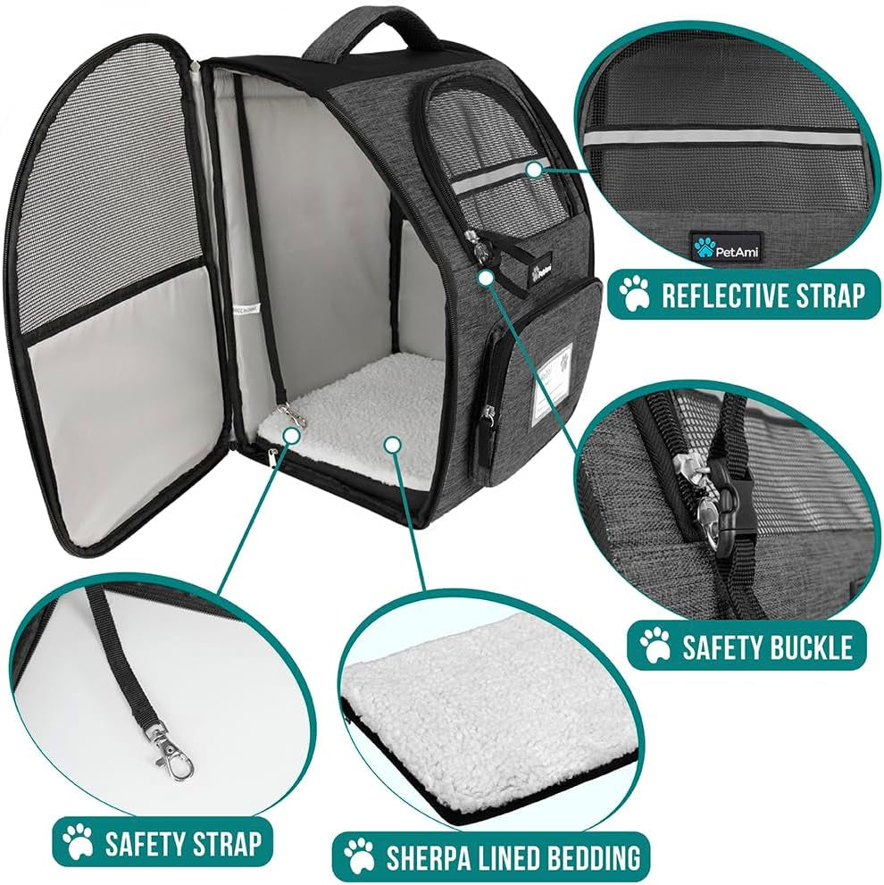 Deluxe Ventilated Pet Carrier Backpack for Small Cats and Dogs - Two-Sided Entry, Safety Features, and Cushioned Back Support for Travel and Outdoor Activities (Heather Charcoal)