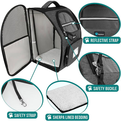 Deluxe Ventilated Pet Carrier Backpack for Small Cats and Dogs - Two-Sided Entry, Safety Features, and Cushioned Back Support for Travel and Outdoor Activities (Heather Charcoal)